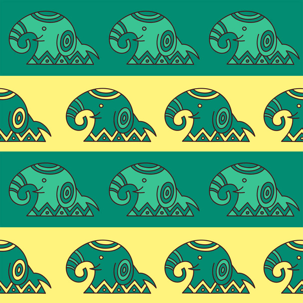 Vector seamless pattern with elephants in ethnic style. Tribal endless ornament with stripes for your design - Vetor, Imagem