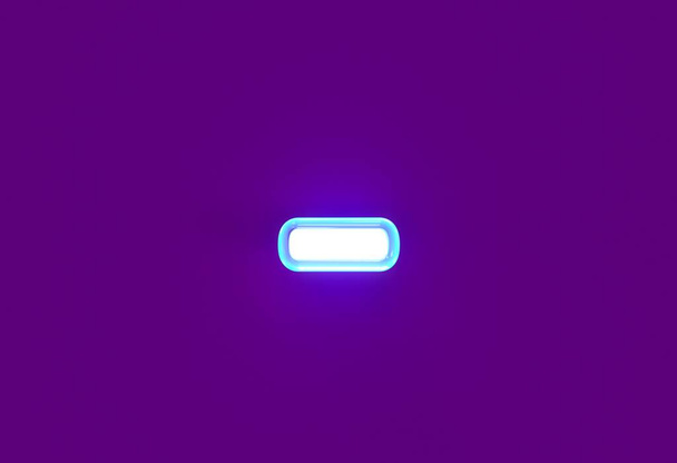 White shine neon light blue glow alphabet - minus (dash) isolated on purple background, 3D illustration of symbols - Foto, Imagen