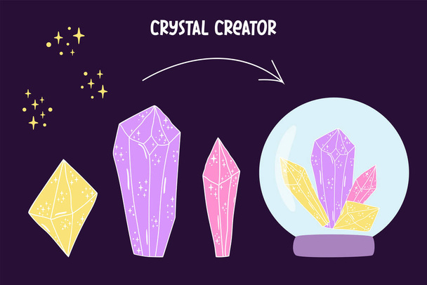Set de cristal. Creador de cristal Piedra cristalina o gema. Mágico dibujado a mano cristales y estrellas texturas Vector - Vector, imagen