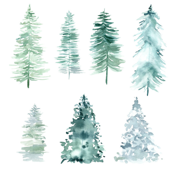 Acuarela bosque de pinos para Navidad y Feliz Año Nuevo. - Foto, imagen
