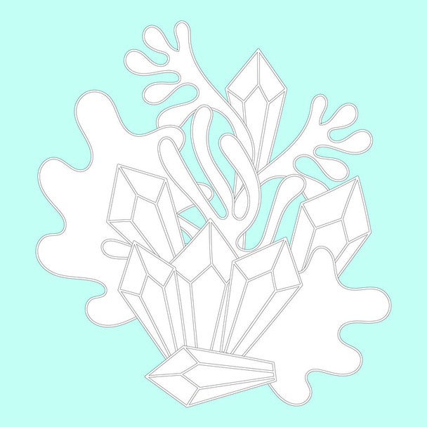 Malvorlage mit Kristallen und Pflanzen. Handgezeichnete Doodle-Komposition auf weißem Hintergrund, Vektorillustration - Vektor, Bild