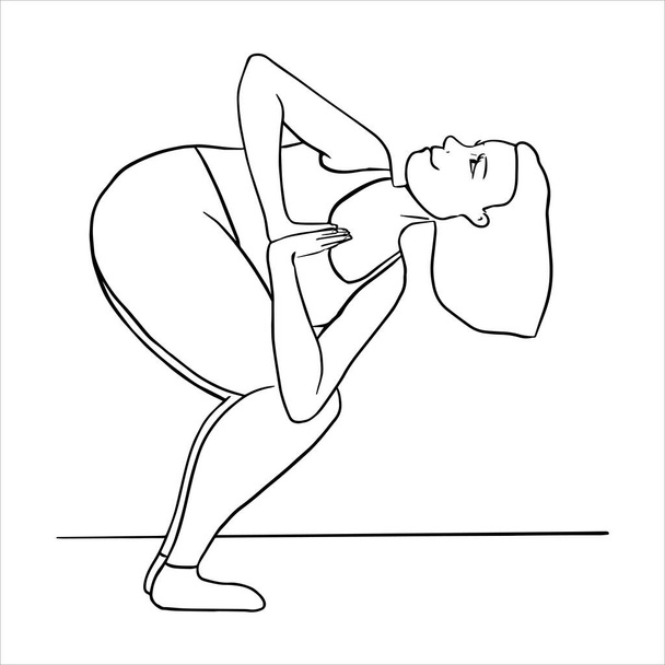 Talla grande La mujer que practica yoga está parada en Parivrtta utkatasana, piernas juntas, manos namaste. Adulto joven regordete en silla giratoria Pose, retorciéndose y equilibrándose. Sonriendo hermosa hembra positiva - Vector, imagen