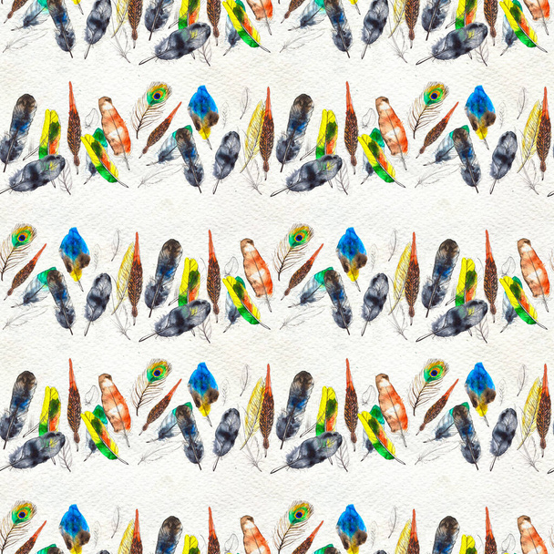 Watercolor feathers seamless pattern. Hand painted texture - 写真・画像