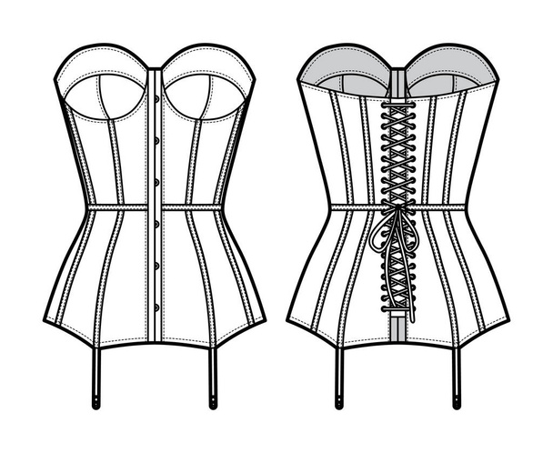 Torsolette basque bustier lingerie technical fashion illustration with molded cup, back laced, attached garters. Flat  - Vector, Image