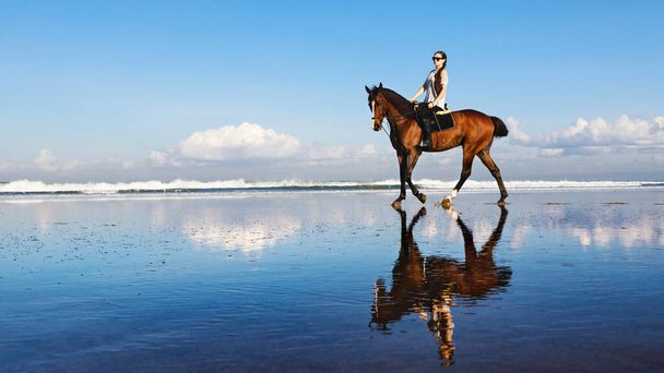 Young beautiful woman ride on sand beach. Horse with rider run along sea surf by water pool. Horseback walking tours, outdoor recreational sport, adventure activity on family summer vacation with kids - Foto, imagen