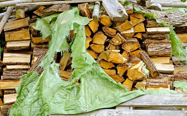 cobertura verde rasgado em uma pilha de madeira de fogo - Foto, Imagem