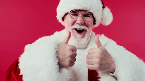 excited santa claus showing thumbs up at camera isolated on red - Footage, Video