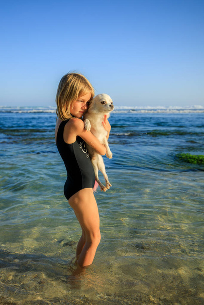 Мила дівчинка, яка тримає маленького білого пса чіхуахуа з рожевим хвостом на пляжі. Дитяча концепція. Дівчина з світлим волоссям у чорному купальнику. Проводжу час надворі. Океан під час припливу. Балі - Фото, зображення