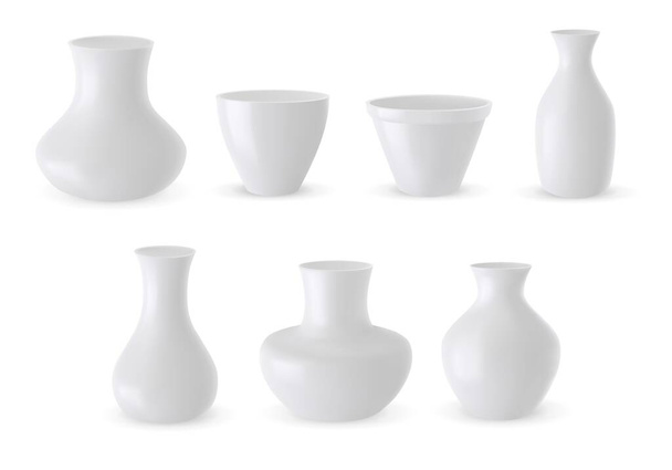 Conjunto vectorial de jarrones cerámicos en 3D aislados sobre fondo blanco. Jarrones de cerámica blanca ilustración realista. Maceta de flores maqueta - Vector, imagen