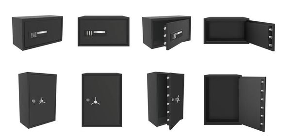Vektor Set schwarzer Safe isoliert auf weißem Hintergrund. Realistische 3D-Objekte für Bank- und Spareinlagen. Geöffneter und geschlossener Metalltresor mit Schloss und Tresor - Vektor, Bild