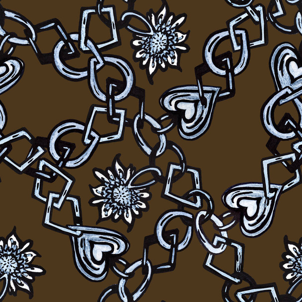 Patrón abstracto sin costuras. Patrón de flores, corazones, cadenas sobre un fondo verde caqui. Resumen dibujado a mano. Impresión en textiles, papel de regalo para el día de San Valentín. - Foto, imagen