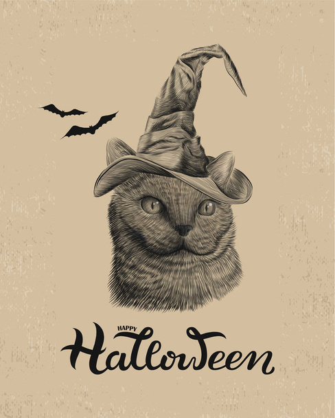 ハッピーハロウィンポスター魔女の帽子、バット、アンティークブックページの背景、ハロウィーンの装飾で英国の猫と印刷 - ベクター画像
