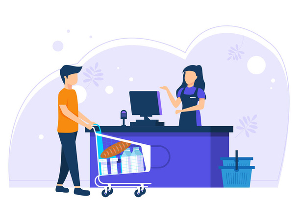 Customers Queue at the Grocery or Supermarket Pushing Items in the Shopping Trolley. Place Purchases on the Counter to Be Paid. Vector Flat Illustration - Vector, Image