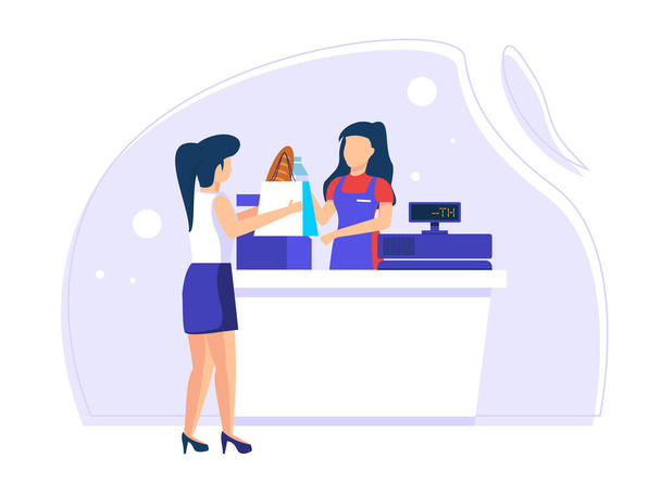 Buyers transact with store employees. payment at the cashier to be paid. Flat Vector Illustration - Vector, Image