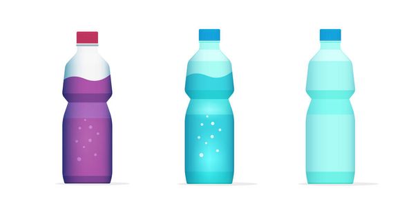 Bottle of water, juice drink beverage flat cartoon full and empty vector icon illustration, blank plastic bottled soda isolated clipart object - Vektör, Görsel