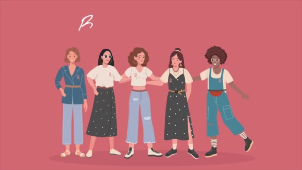 Câncer de mama mês de conscientização de diversas mulheres grupo de amigos abraçando juntos para apoio, conceito de abraço de equipe feminina. Câncer de mama animação de vídeo - Filmagem, Vídeo