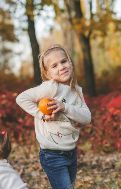 Retrato de pequena menina feliz brincando com frutas de laranja e sorrindo no parque em dia quente de outono. Menina alegre no fundo do outono com um espaço de cópia para texto. Conceito de infância - Foto, Imagem