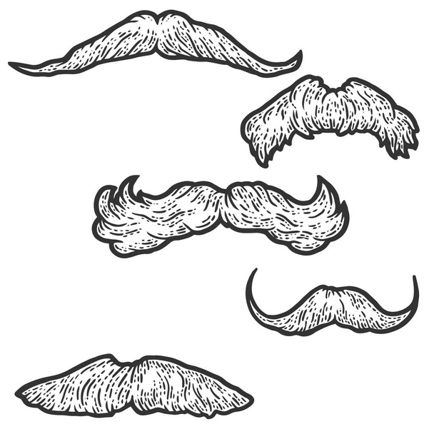 Set, five male retro mustaches. Sketch scratch board imitation coloring. - ベクター画像