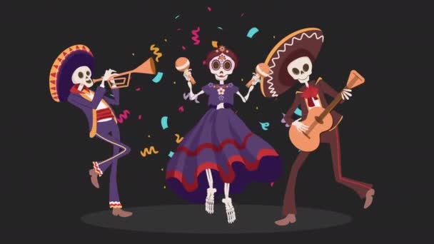 Απόκριες Dia De Los Muertos διακοπές. Παραδοσιακή Μεξικάνικη Μέρα των Νεκρών. Σκελετοί χορό βίντεο animation - Πλάνα, βίντεο