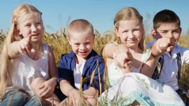 niño con síndrome de Down estornuda sentado cerca de amigos en el campo de trigo, los niños muestran los dedos en la cámara y sonriendo en el fondo del hermoso cielo azul - Imágenes, Vídeo