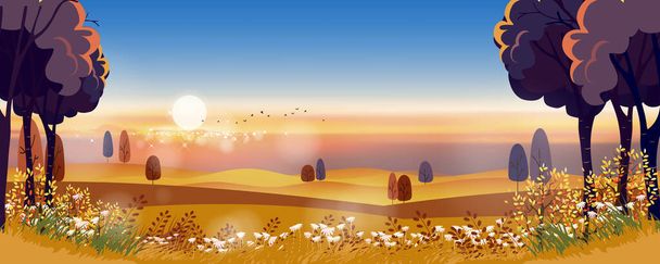 Autumn landscape in countryside with misty covered wavy mountains,foggy valleys.Misty landscape rural nature in Fall season with orange mountains with sunset,Vector Mid autumn - Vector, Image