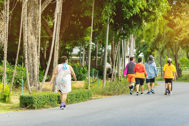 Vue arrière d'une femme âgée asiatique porte un écouteur pour écouter la chanson marcher et faire du jogging pour une bonne santé dans le parc public. Femme âgée appréciant la nature paisible.Concept de soins de santé - Photo, image