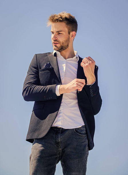 Male fashion. Formal style. Confident handsome businessman. Handsome man fashion model. Looking impeccable. Handsome guy posing in formal suit blue sky background. Office worker. Ready to work - Zdjęcie, obraz