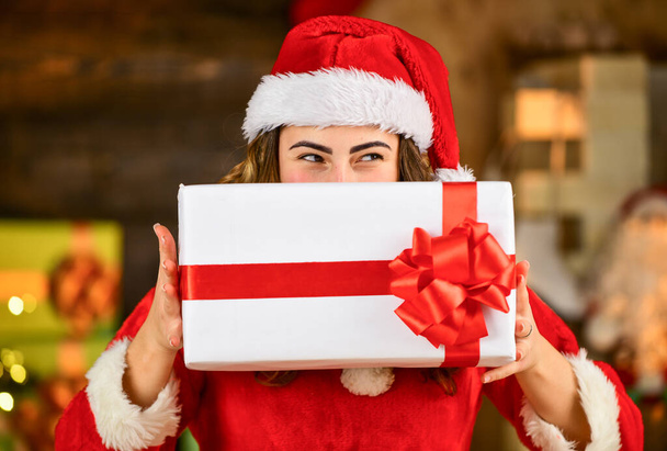 Fashion shop. Celebrate holiday. Buy present for yourself. Girl near christmas tree. Christmas tradition. Gift box. Special offer. Woman enjoy christmas. Pretty girl ready to celebrate christmas - Foto, Imagen