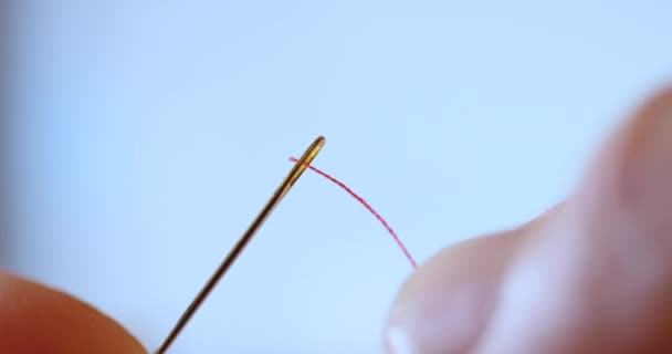 cinematic shot of red thread passing through sewing needle. man sewing project by hand. handmade suit garment with quality thread and fabric. DIY beautiful quilting by fashion creative seamstress - Footage, Video