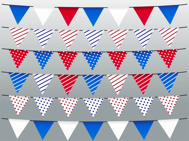 Guirnalda de banderas. Decoración festiva, decoración de cumpleaños con diseño tricolor brillante, triángulos de papel en una cuerda. Imagen vectorial - Vector, Imagen