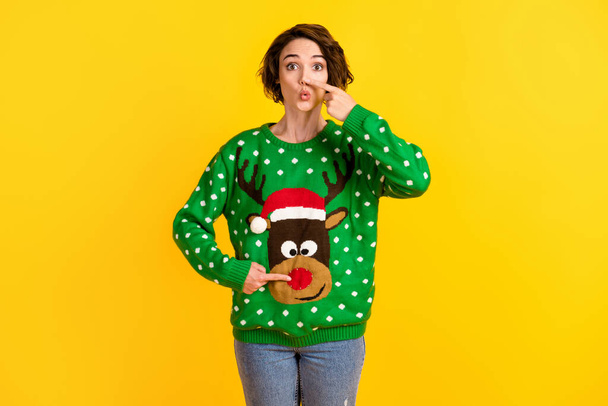 Really my nose looks like deer print pullover. Astonished girl have x-mas christmas theme party celebration point index finger clothes impressed isolated bright shine color background - Fotoğraf, Görsel