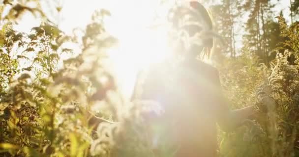 Handheld atmospheric portrait of natural woman going on dry autumn field in golden sunlight. Low angle view of Caucasian girl walking alone outdoors on nature. Slow motion close up ecologic lifestyle - Footage, Video