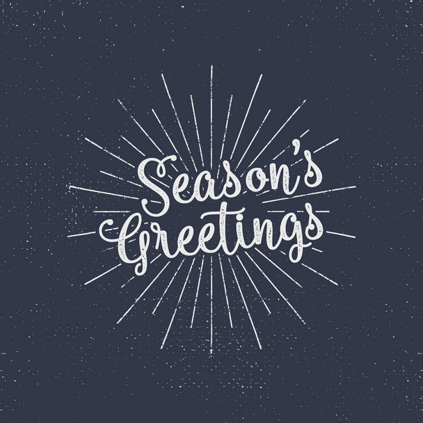 Merry Christmas lettering. Season's greetings. Holiday typography vector. Letters composition with sun bursts and halftone texture. Use as photo overlay, place to cards, print on t shirt, tee design. - Vector, afbeelding