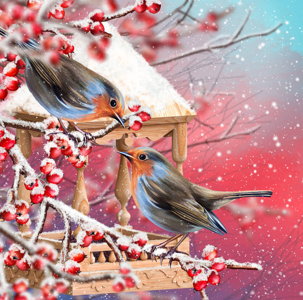 Winter christmas background, two tits sit on a snow-covered branch, wooden bird feeder, snowfall, bunches of berries, evening lighting, 3d rendering - Foto, Imagem