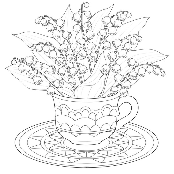 Bouquet di gigli della valle in una tazza illustrazione vettoriale in bianco e nero - Vettoriali, immagini
