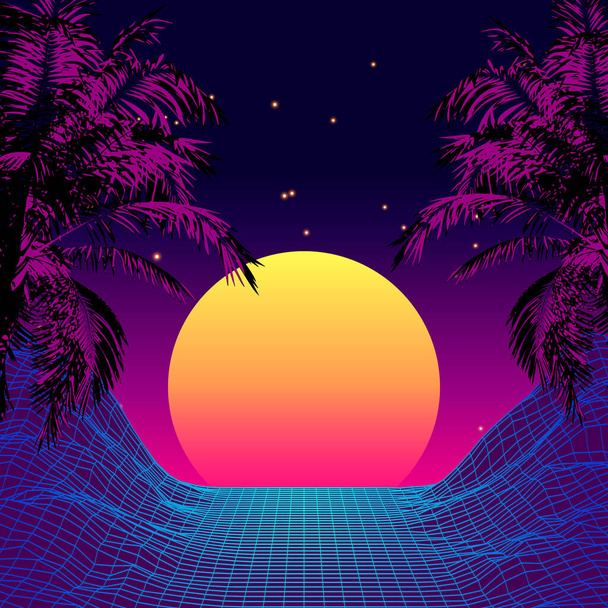 Retro 80s Style Tropical Sunset with Palm Tree. - Vector, Image