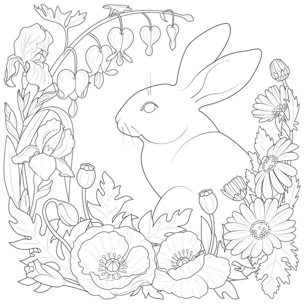 Spring flowers and rabbit black and white vector illustration - Vector, Image