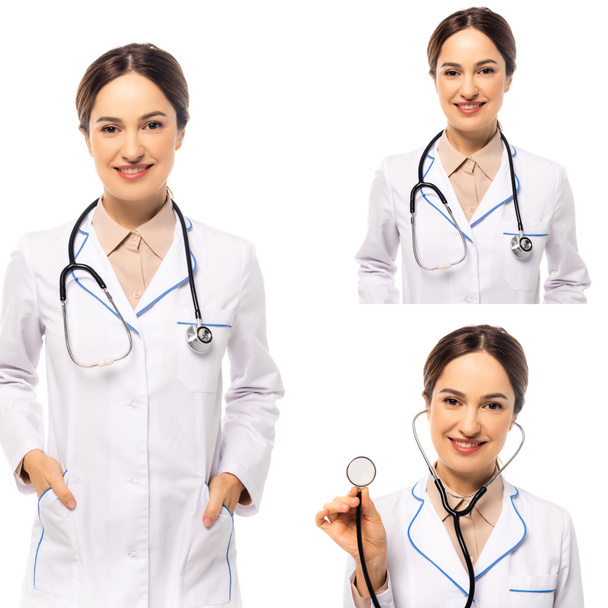Collage van lachende arts die stethoscoop geïsoleerd houdt op wit - Foto, afbeelding