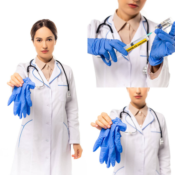 Collage del médico mostrando guantes de látex y sosteniendo la vacuna con jeringa aislada en blanco - Foto, imagen