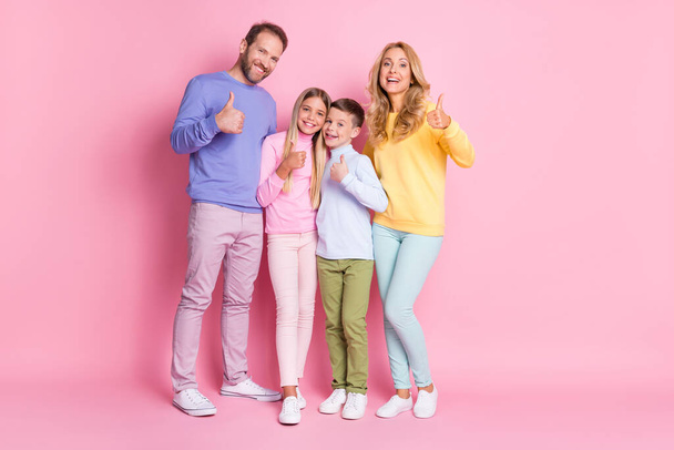 Full length photo of positive family mom dad and two small kids show thumb up sign isolated on pastel color background - Φωτογραφία, εικόνα