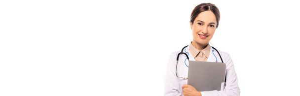 Website header of smiling doctor holding paper folder isolated on white - Foto, afbeelding
