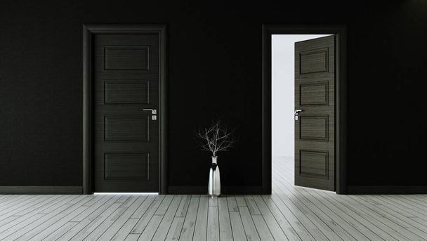 Mur noir avec porte ouverte noire et porte fermée, plancher en bois blanc, vase chromé et usine sèche rendu 3D réaliste - Photo, image