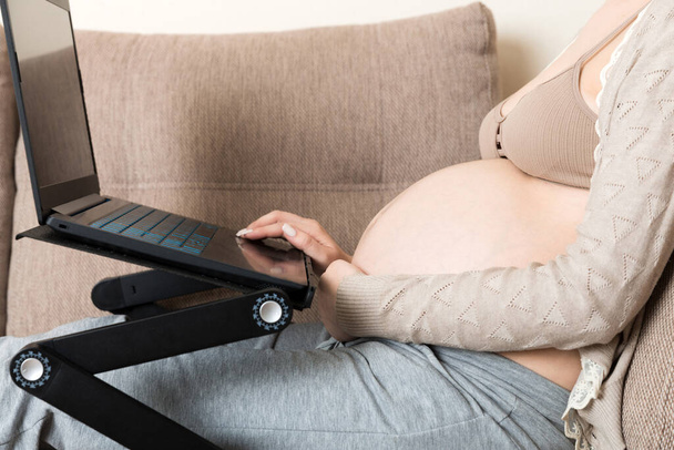 Raskaana oleva nainen käyttää kannettavaa tietokonetta sohvalla kotona. - Valokuva, kuva
