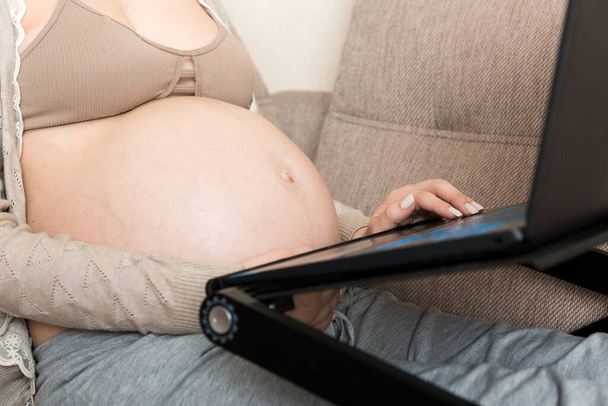 Zwangere vrouw met behulp van laptop in de bank thuis. - Foto, afbeelding