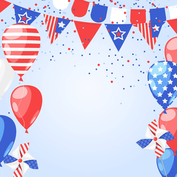 4 of July USA Independence Day. Abstract holiday frame with place for text. Vector white background with fireworks, flags and air balloons. - Vektor, obrázek