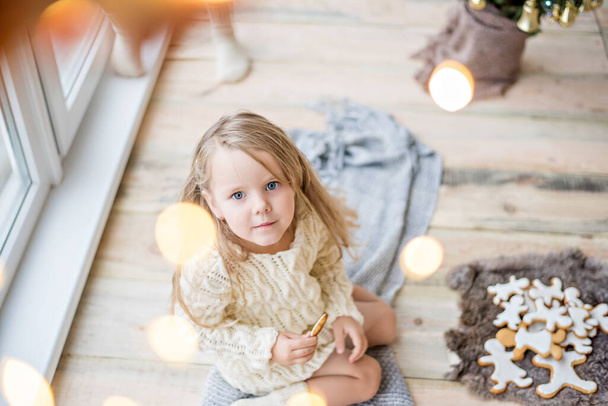 A little girl in a white knitted sweater drinks hot chocolate, cocoa. The baby looks out the window, waits for a New Year's miracle Santa Claus, eats Christmas gingerbread men with marshmallows. Card - Foto, Imagen