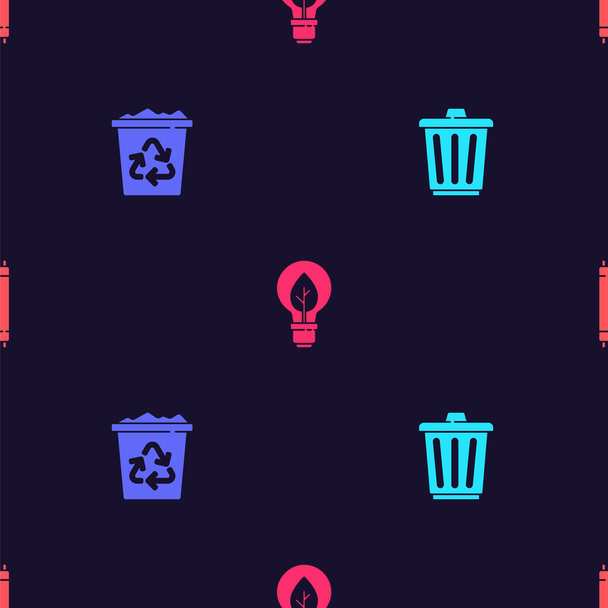 Set Trash can, Recycle bin with recycle, Light bulb leaf and Fluorescent lamp on seamless pattern. Vector. - Vector, Image