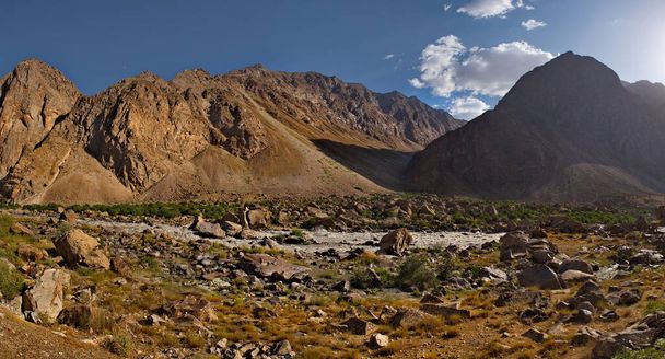 Orta Asya. Tacikistan. Afganistan sınırındaki Panj sınır nehrinin bir kolunun kayalık kıyıları.. - Fotoğraf, Görsel