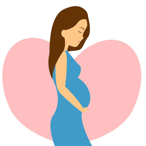 Έγκυος. Το κορίτσι κουβαλάει ένα μωρό στην κοιλιά της. Νεαρό χαρούμενο κορίτσι περιμένει μωρό. Ιστορικό με καρδιές. Εικονογράφηση διανύσματος - Διάνυσμα, εικόνα