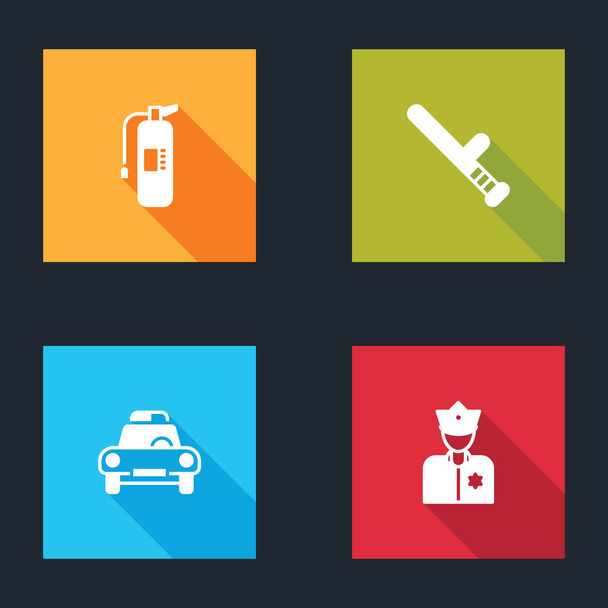 Set Fire extinguisher, Police rubber baton, car and flasher and officer icon. Vector. - Vector, Image